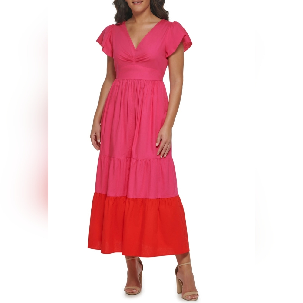 Kensie Ruffle Sleeve Colorblock Cotton Maxi Dress
